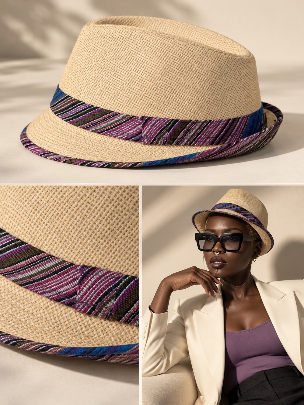 Straw Fedora Hat with Purple & Blue Stripe Trim